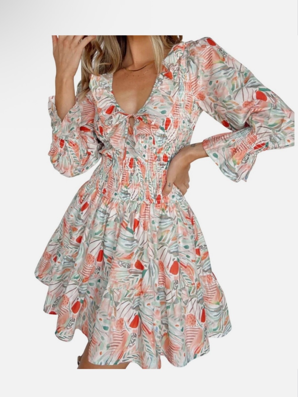 FORE smocked ruffled long sleeve dress NEW